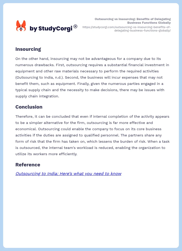 Outsourcing vs Insourcing: Benefits of Delegating Business Functions Globally. Page 2