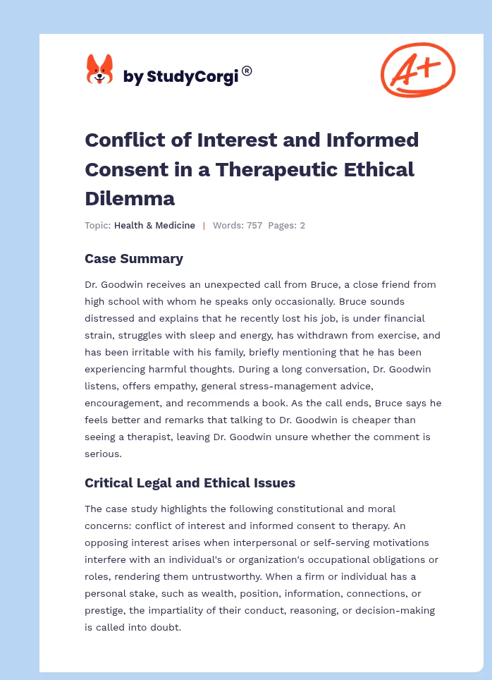 Conflict of Interest and Informed Consent in a Therapeutic Ethical Dilemma. Page 1