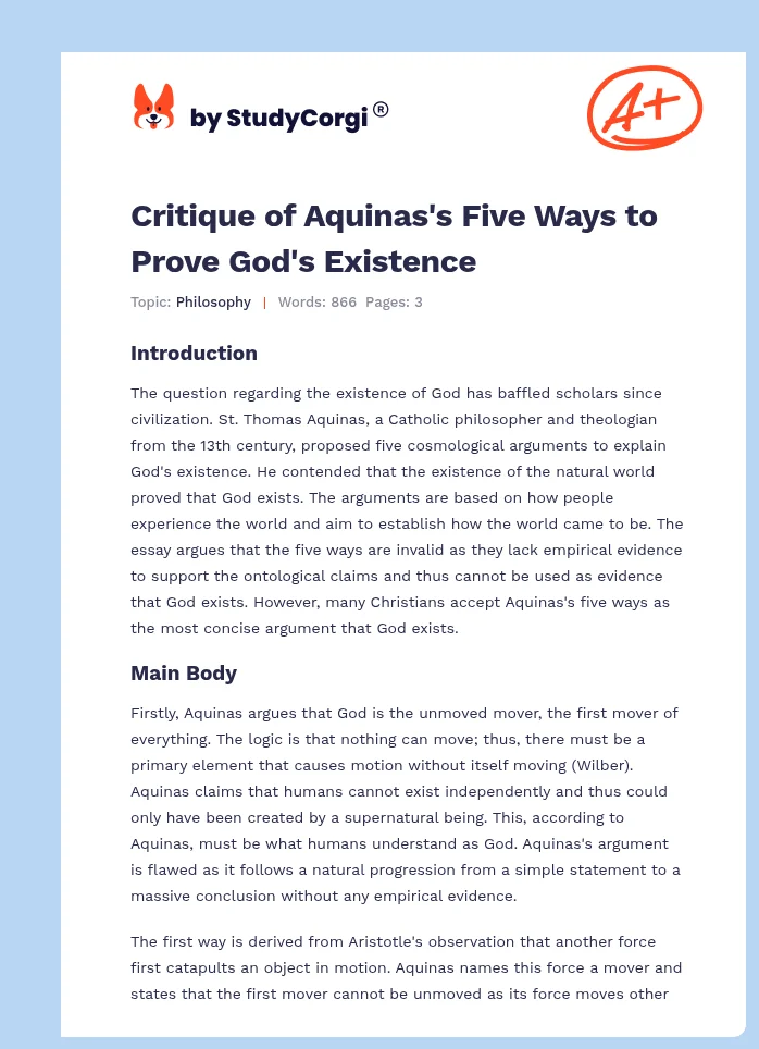 Critique of Aquinas's Five Ways to Prove God's Existence. Page 1
