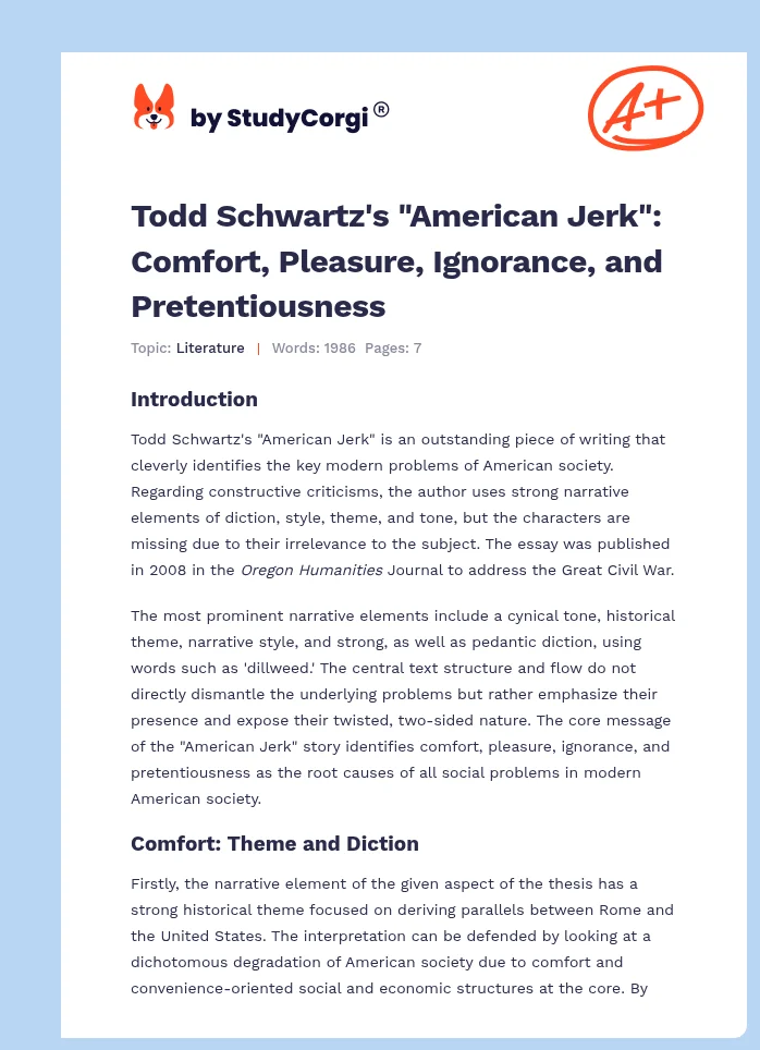 Todd Schwartz's "American Jerk": Comfort, Pleasure, Ignorance, and Pretentiousness. Page 1