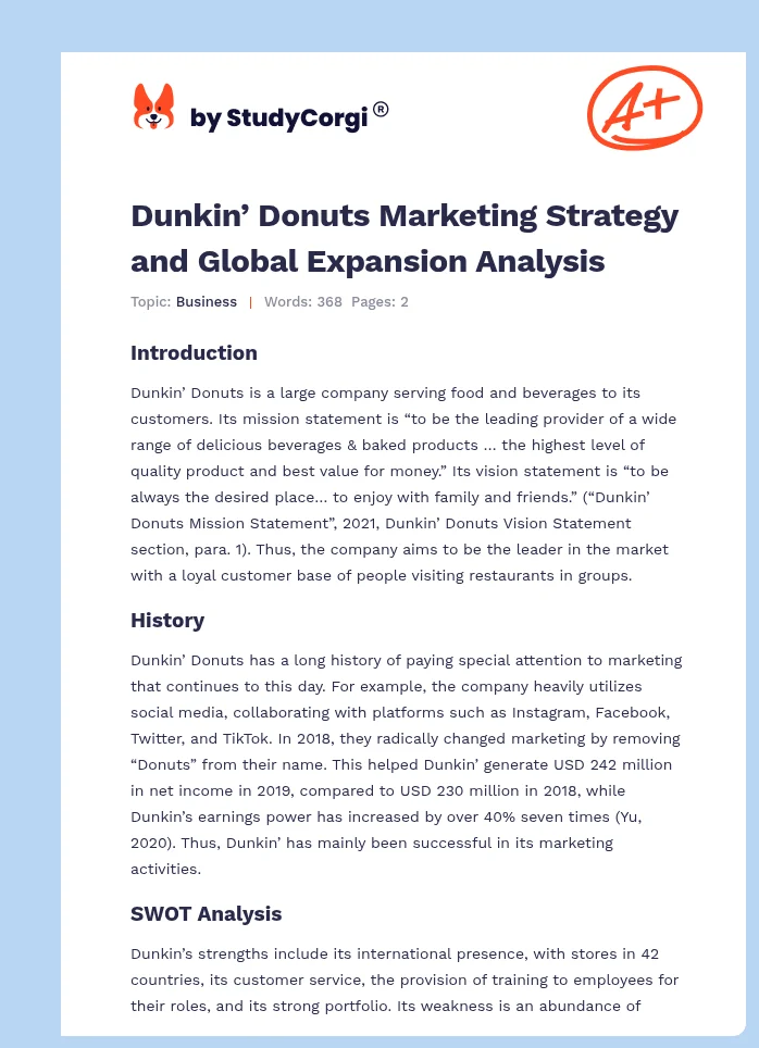 Dunkin’ Donuts Marketing Strategy and Global Expansion Analysis. Page 1