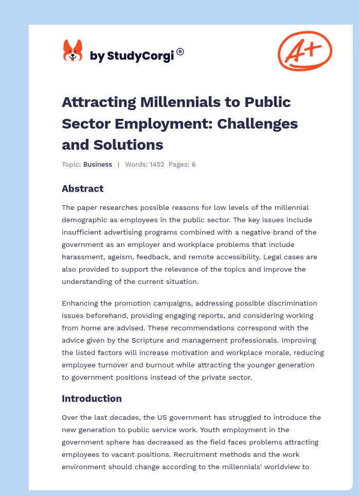 Attracting Millennials to Public Sector Employment: Challenges and Solutions. Page 1