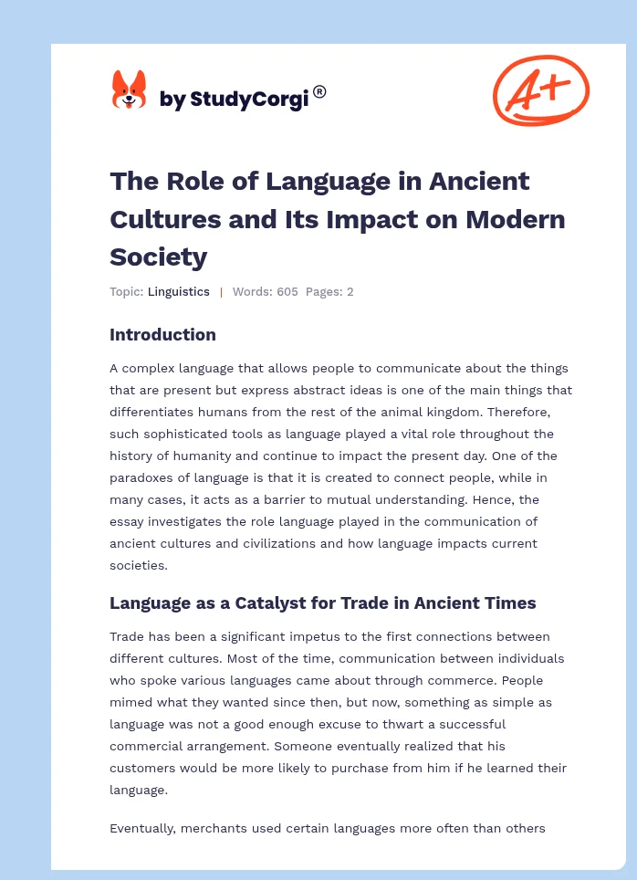 The Role of Language in Ancient Cultures and Its Impact on Modern Society. Page 1