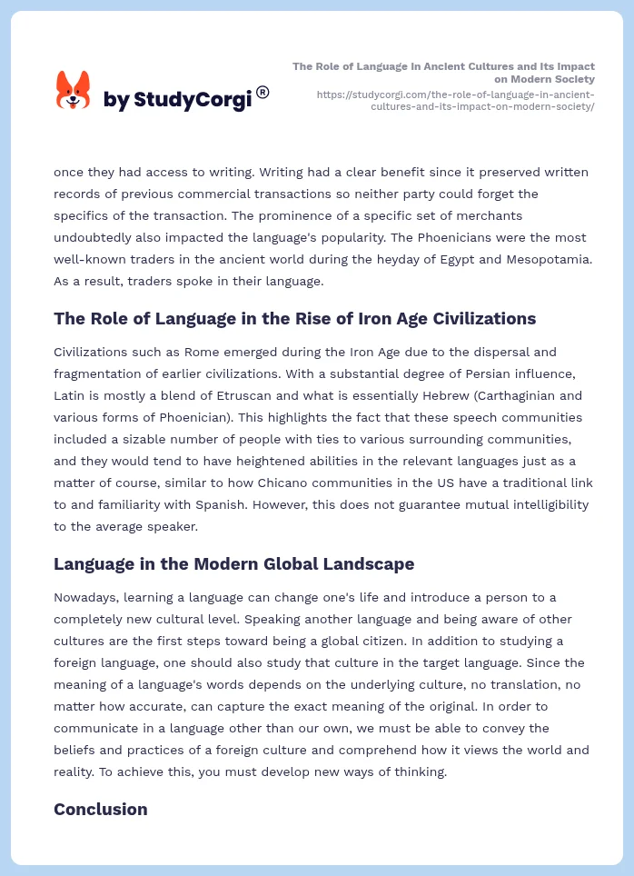 The Role of Language in Ancient Cultures and Its Impact on Modern Society. Page 2