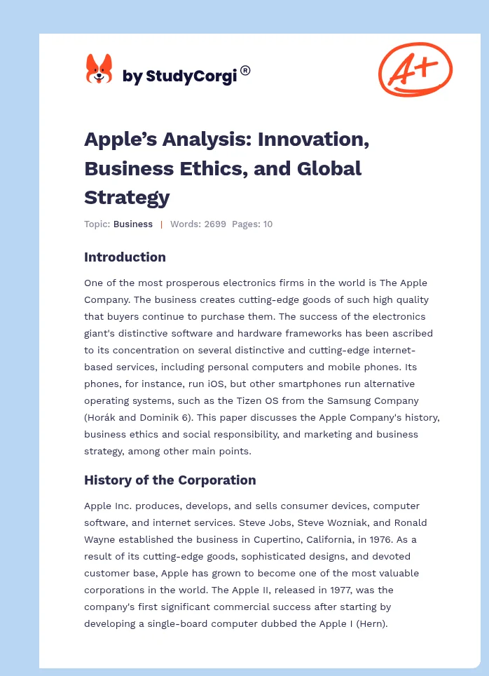 Apple’s Analysis: Innovation, Business Ethics, and Global Strategy. Page 1