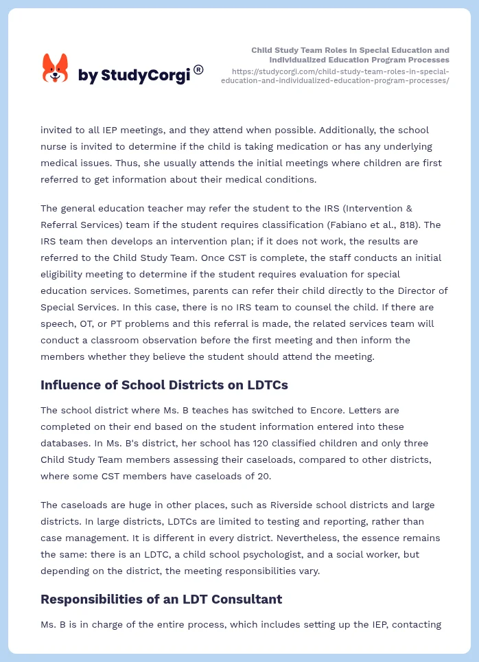 Child Study Team Roles in Special Education and Individualized Education Program Processes. Page 2