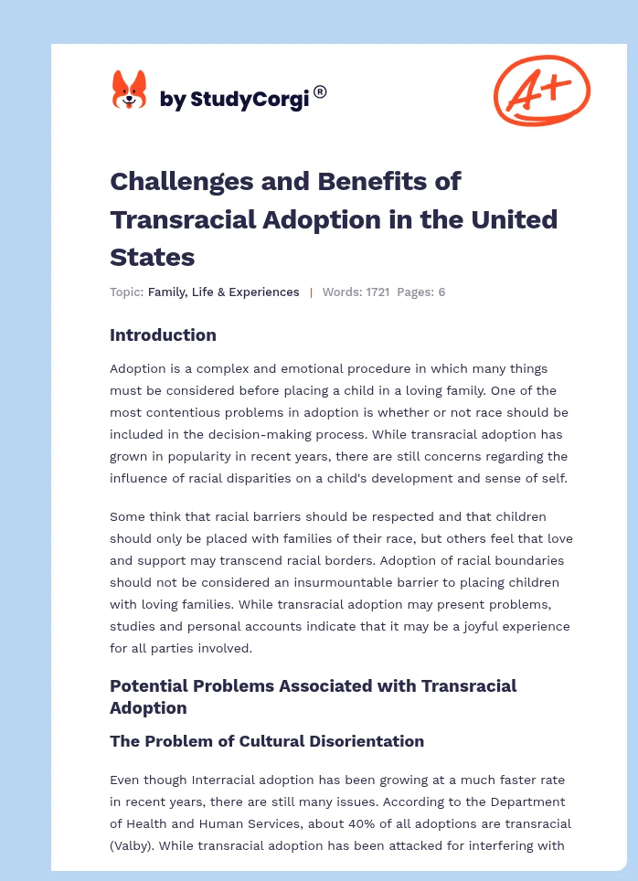 Challenges and Benefits of Transracial Adoption in the United States. Page 1