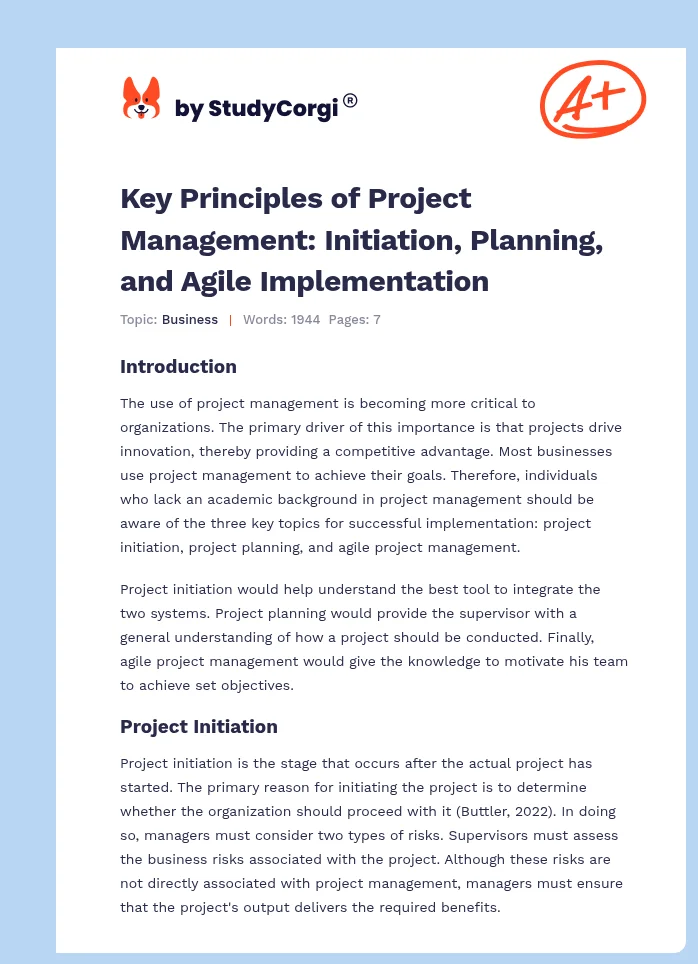 Key Principles of Project Management: Initiation, Planning, and Agile Implementation. Page 1