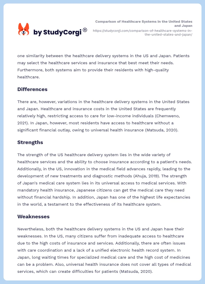 Comparison of Healthcare Systems in the United States and Japan. Page 2
