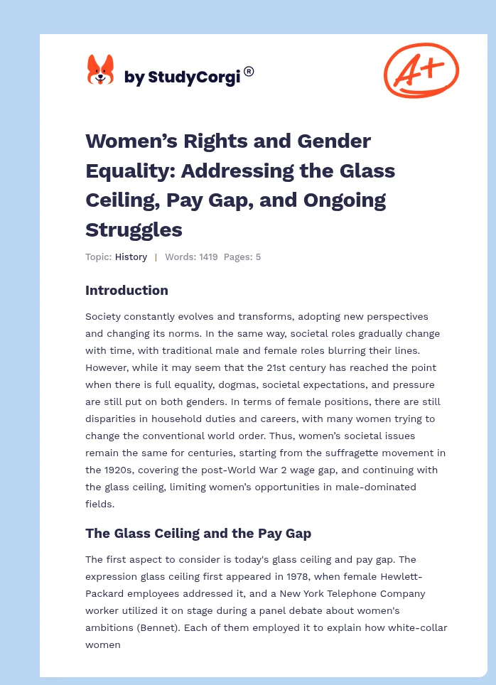 Women’s Rights and Gender Equality: Addressing the Glass Ceiling, Pay Gap, and Ongoing Struggles. Page 1