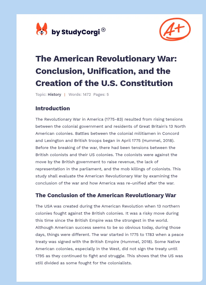 The American Revolutionary War: Conclusion, Unification, and the Creation of the U.S. Constitution. Page 1
