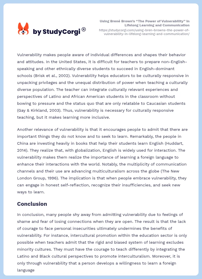 Using Brené Brown’s “The Power of Vulnerability” in Lifelong Learning and Communication. Page 2