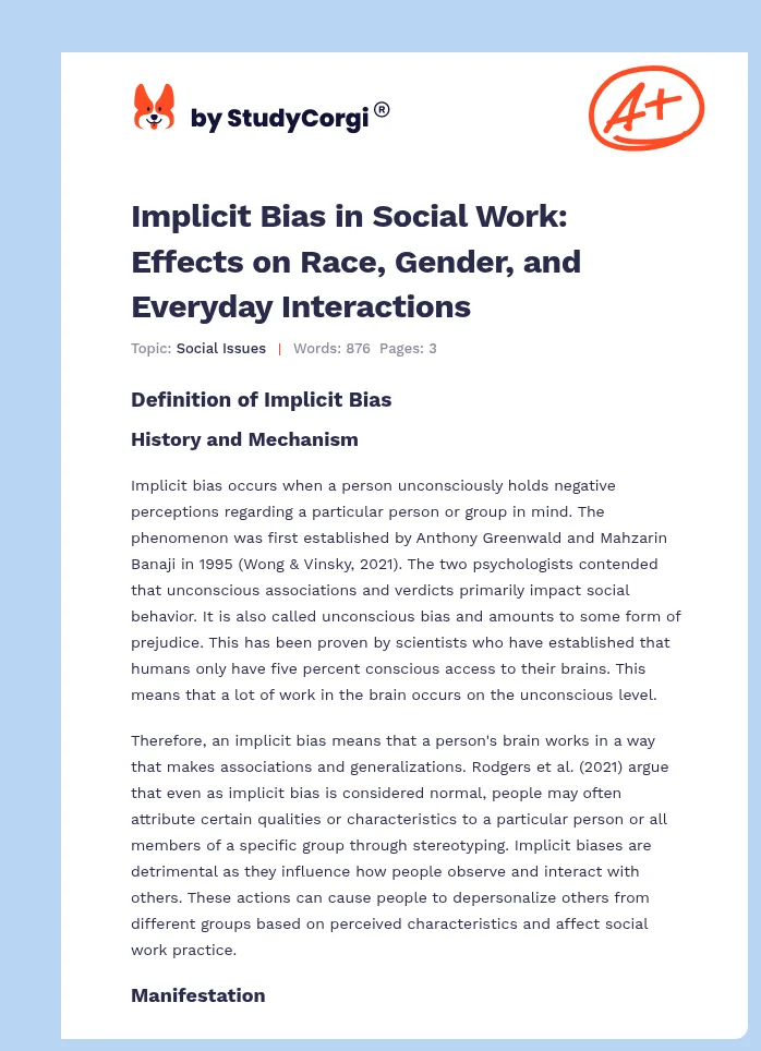 Implicit Bias in Social Work: Effects on Race, Gender, and Everyday Interactions. Page 1