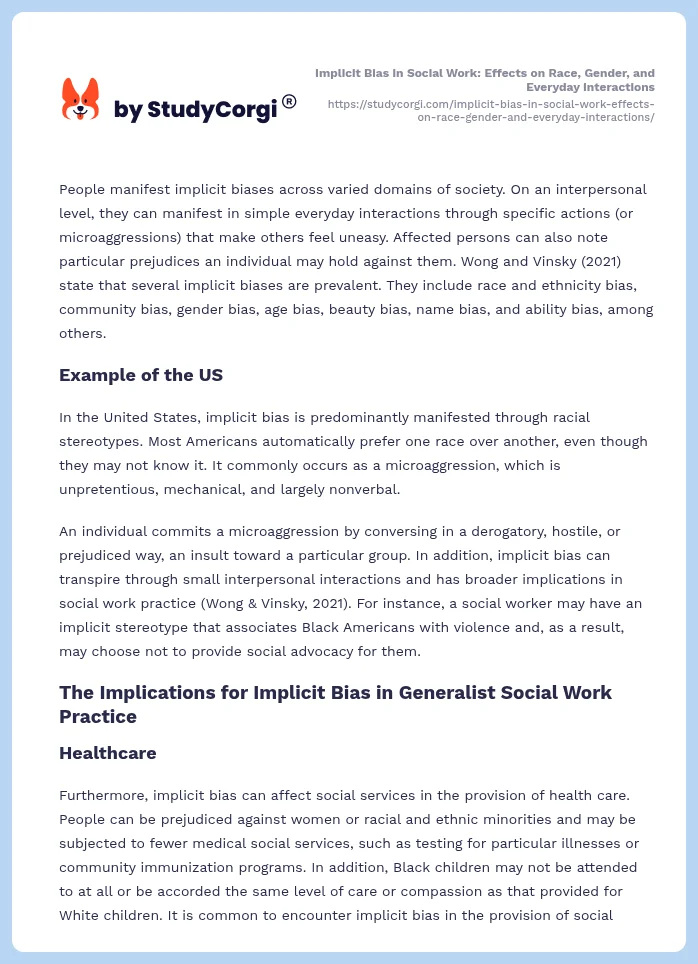 Implicit Bias in Social Work: Effects on Race, Gender, and Everyday Interactions. Page 2