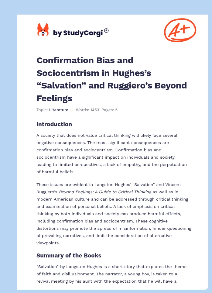 Confirmation Bias and Sociocentrism in Hughes’s “Salvation” and Ruggiero’s Beyond Feelings. Page 1