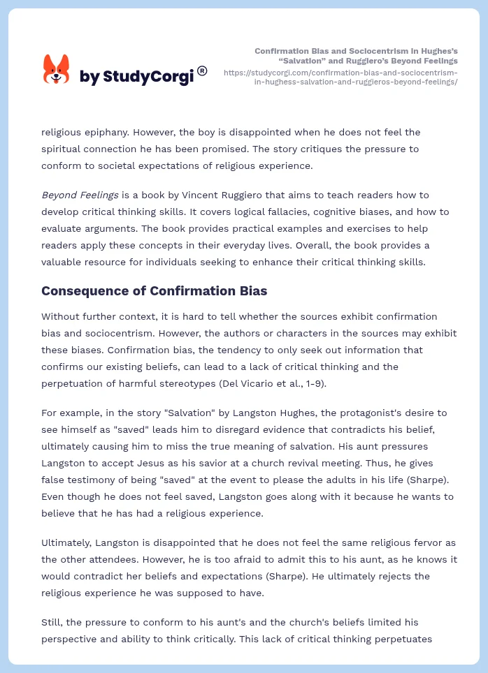 Confirmation Bias and Sociocentrism in Hughes’s “Salvation” and Ruggiero’s Beyond Feelings. Page 2