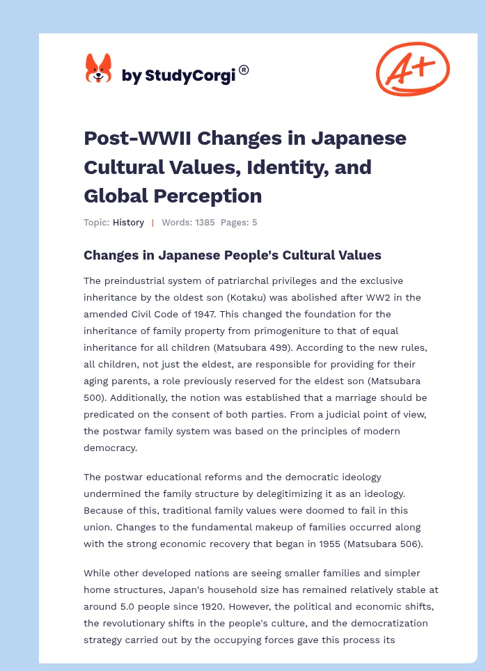 Post-WWII Changes in Japanese Cultural Values, Identity, and Global Perception. Page 1