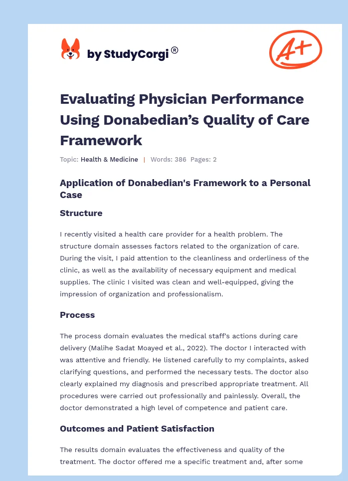 Evaluating Physician Performance Using Donabedian’s Quality of Care Framework. Page 1