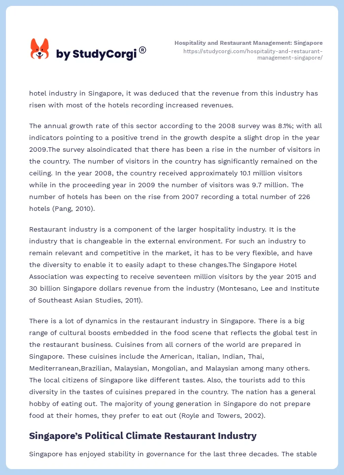 Hospitality and Restaurant Management: Singapore. Page 2