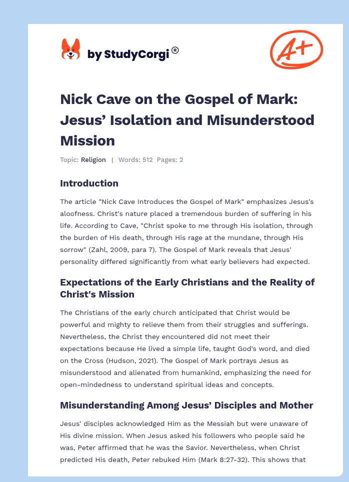 Nick Cave on the Gospel of Mark: Jesus’ Isolation and Misunderstood Mission. Page 1