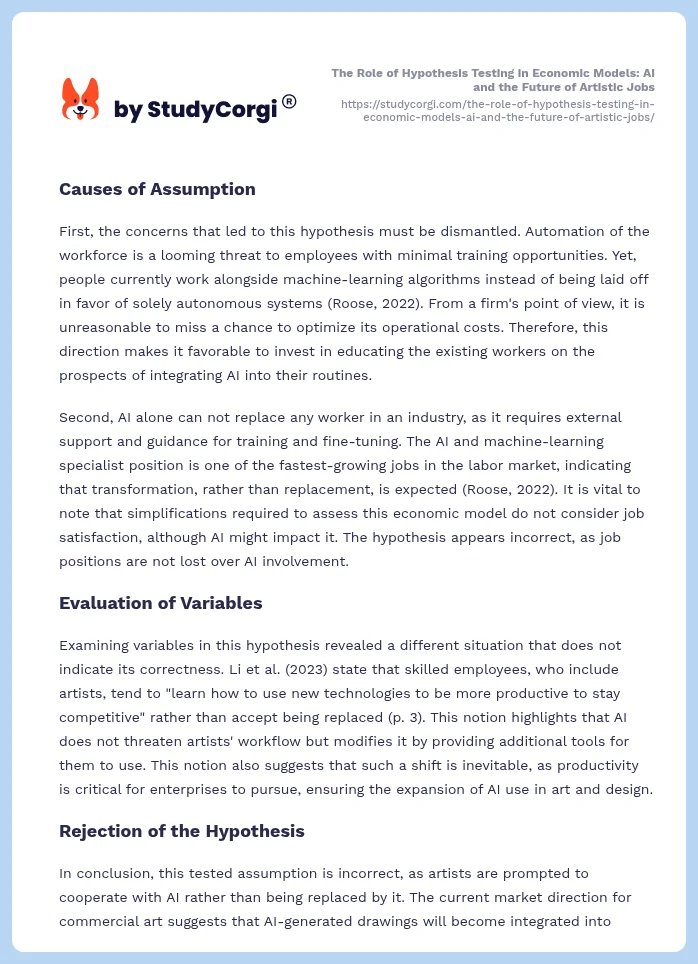 The Role of Hypothesis Testing in Economic Models: AI and the Future of Artistic Jobs. Page 2