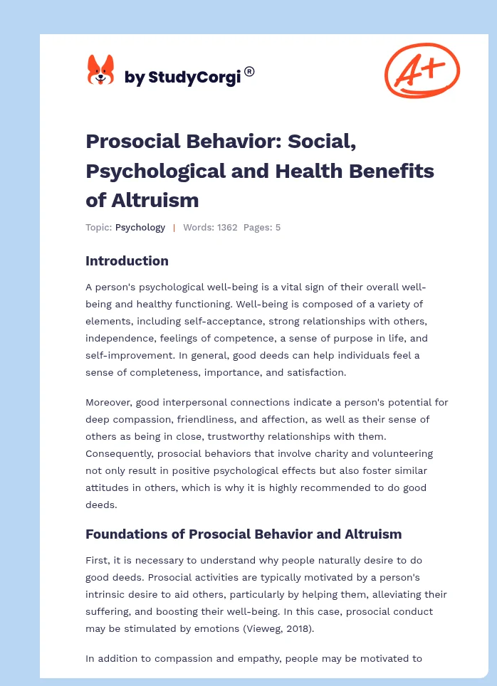 Prosocial Behavior: Social, Psychological and Health Benefits of Altruism. Page 1