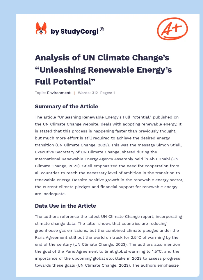 Analysis of UN Climate Change’s “Unleashing Renewable Energy’s Full Potential”. Page 1