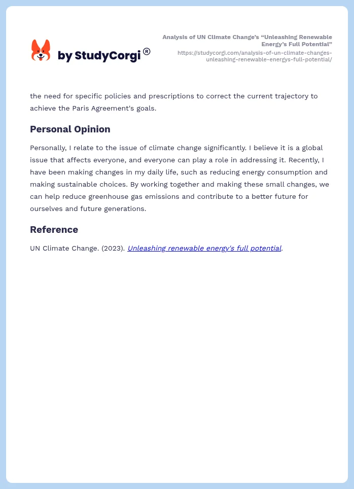 Analysis of UN Climate Change’s “Unleashing Renewable Energy’s Full Potential”. Page 2