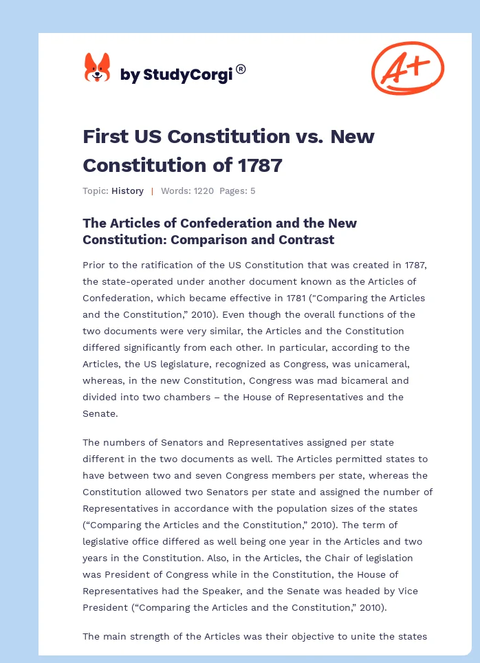 First US Constitution vs. New Constitution of 1787. Page 1