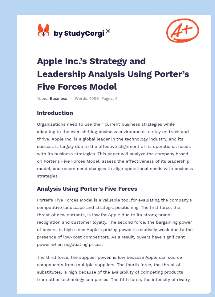 Apple Inc.’s Strategy and Leadership Analysis Using Porter’s Five Forces Model. Page 1