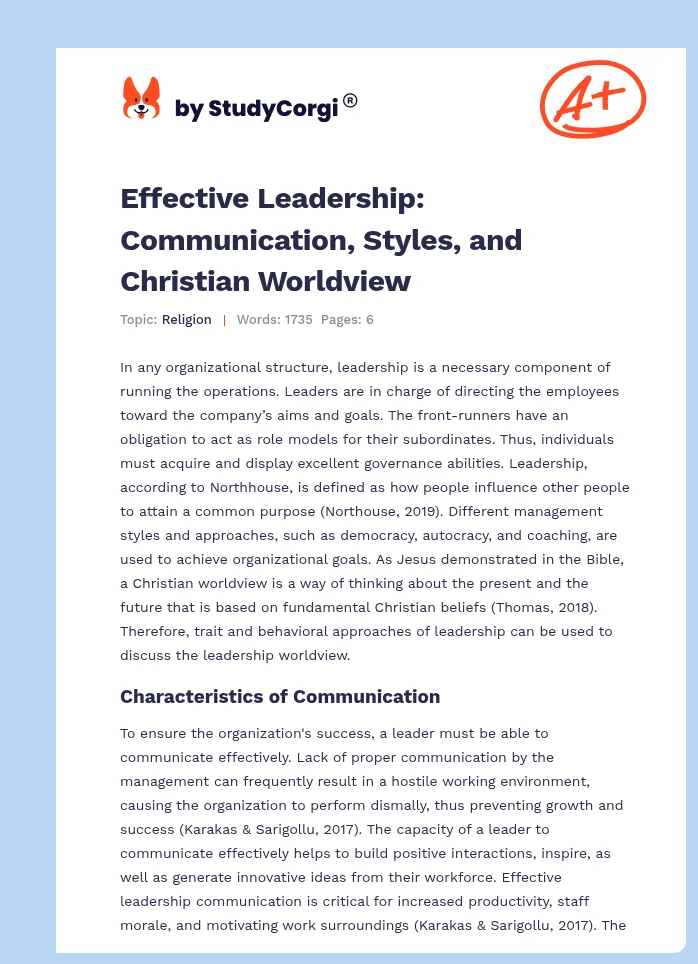 Effective Leadership: Communication, Styles, and Christian Worldview. Page 1