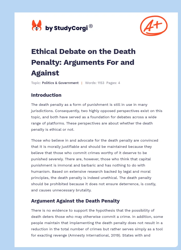 Ethical Debate on the Death Penalty: Arguments For and Against. Page 1