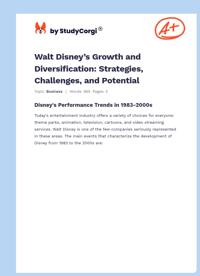 Walt Disney’s Growth and Diversification: Strategies, Challenges, and Potential. Page 1