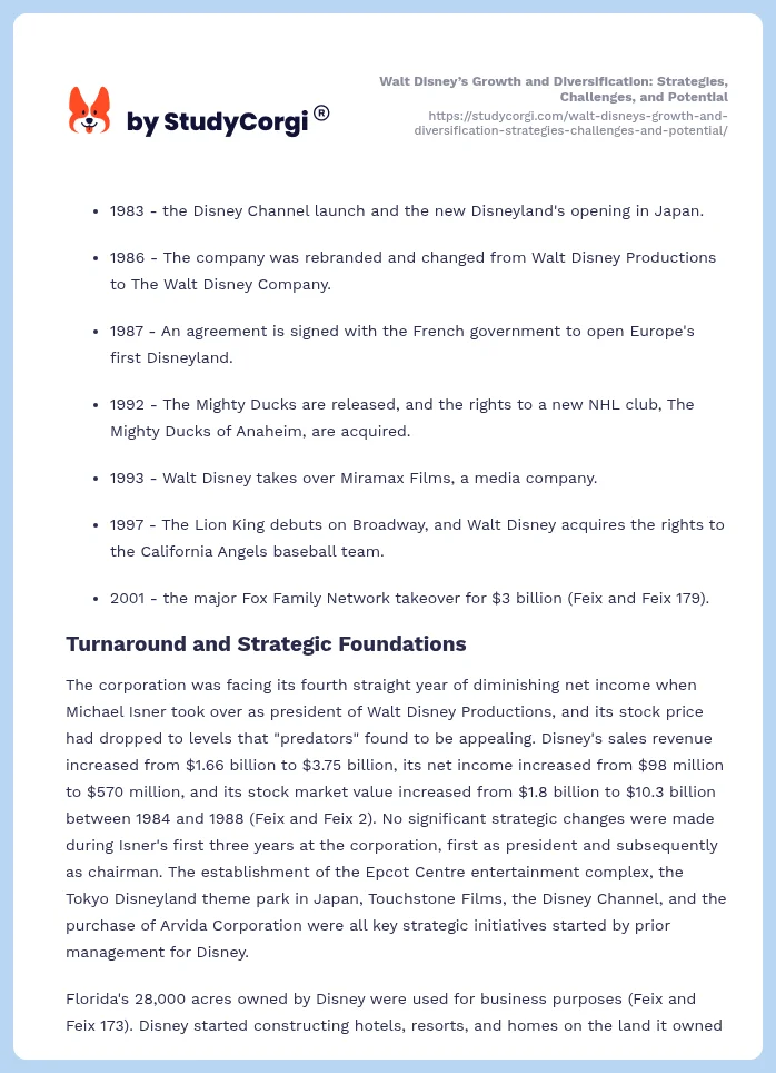 Walt Disney’s Growth and Diversification: Strategies, Challenges, and Potential. Page 2