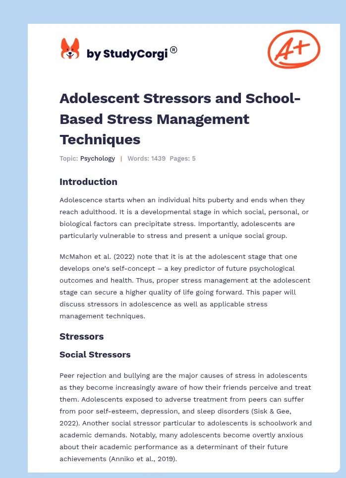 Adolescent Stressors and School-Based Stress Management Techniques. Page 1