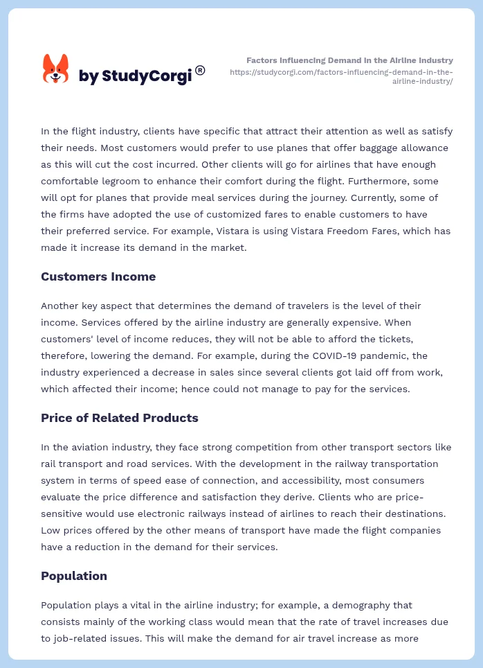 Factors Influencing Demand in the Airline Industry. Page 2