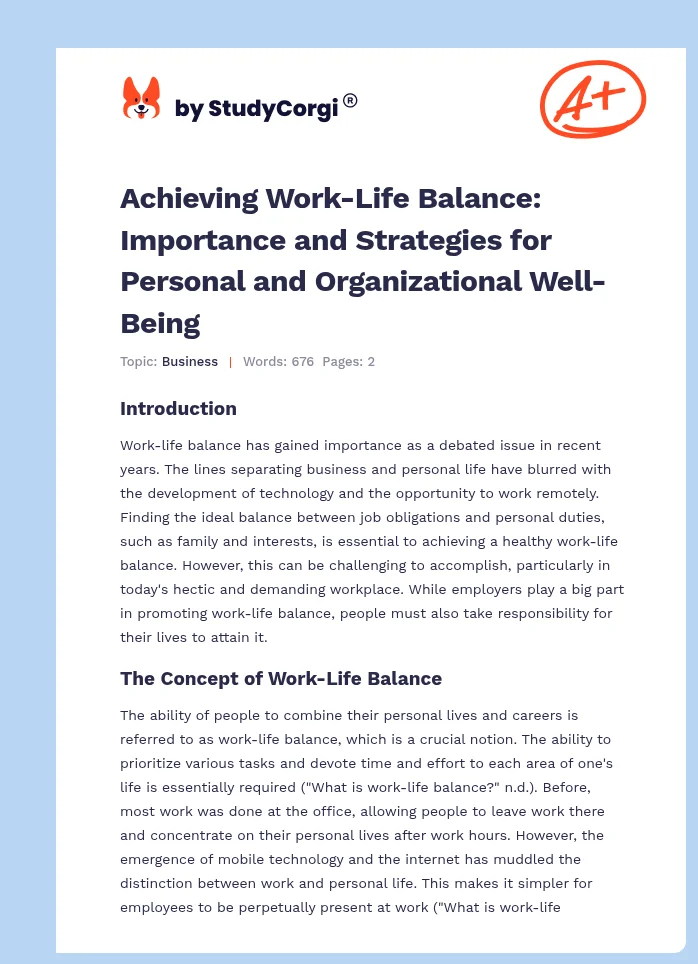 Achieving Work-Life Balance: Importance and Strategies for Personal and Organizational Well-Being. Page 1