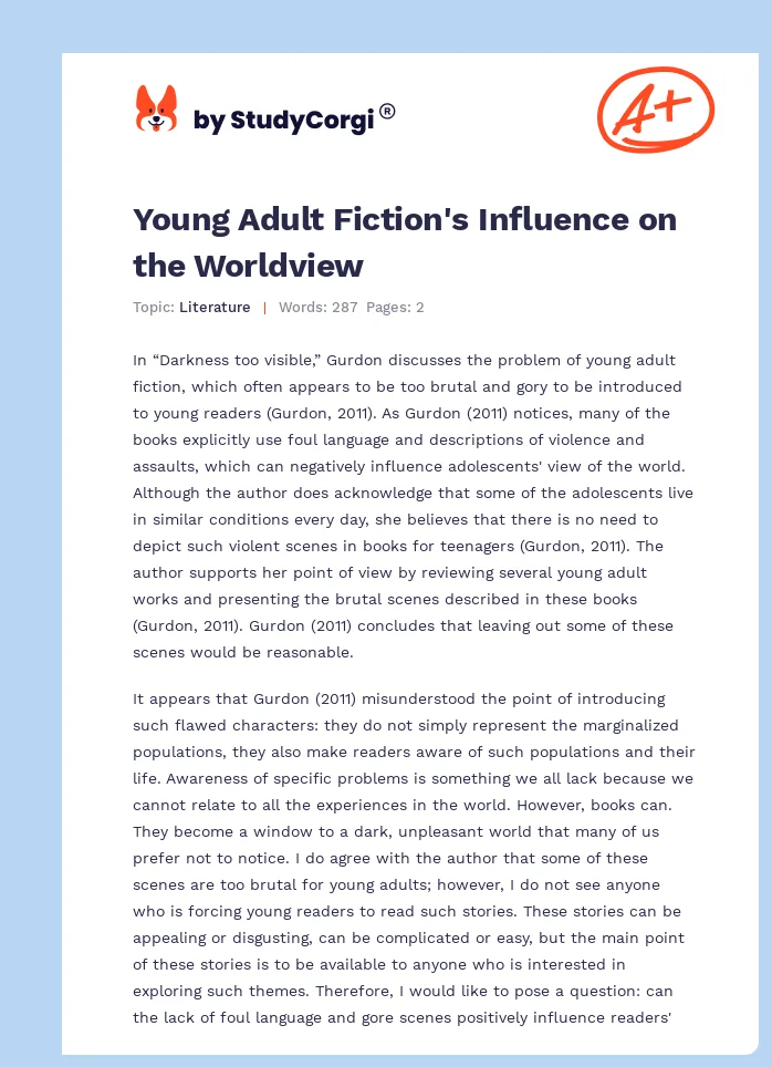Young Adult Fiction's Influence on the Worldview. Page 1