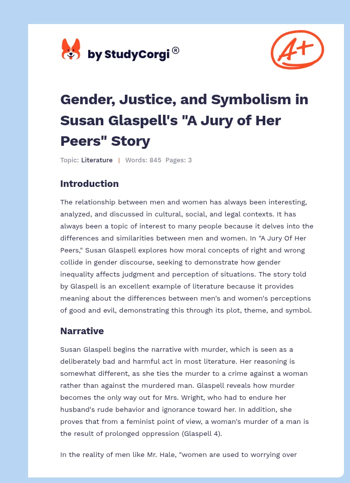 Gender, Justice, and Symbolism in Susan Glaspell's "A Jury of Her Peers" Story. Page 1