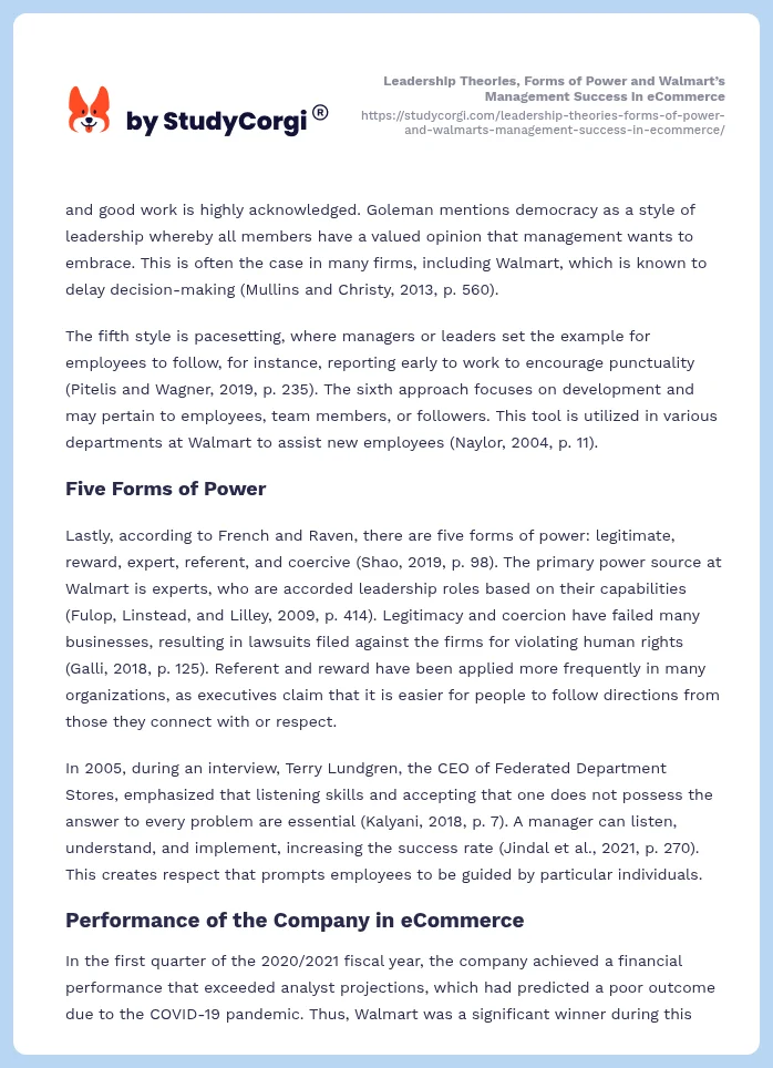 Leadership Theories, Forms of Power and Walmart’s Management Success in eCommerce. Page 2