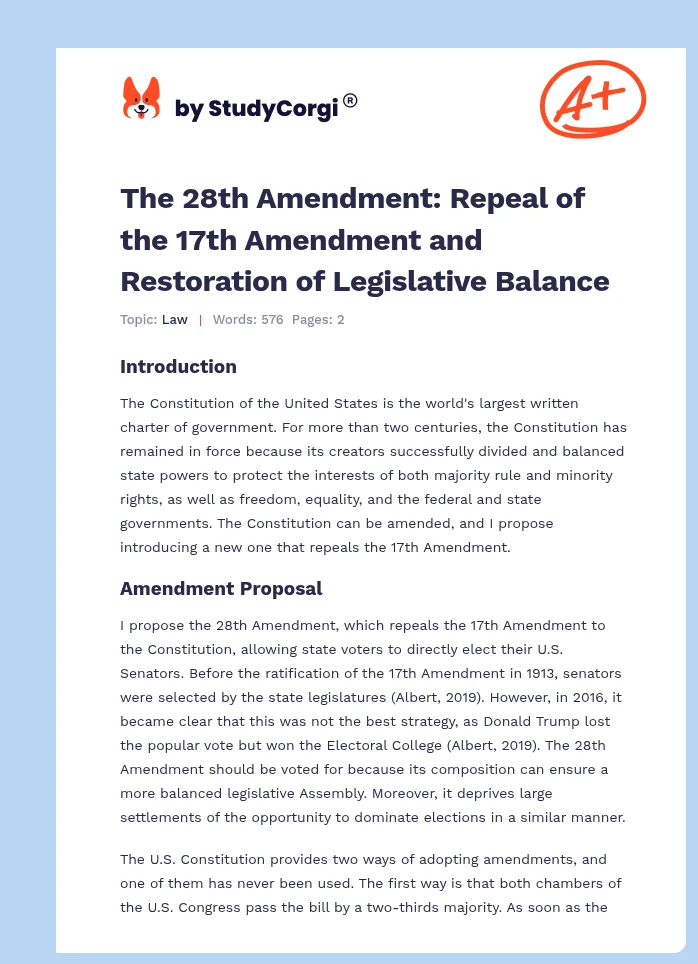 The 28th Amendment: Repeal of the 17th Amendment and Restoration of Legislative Balance. Page 1