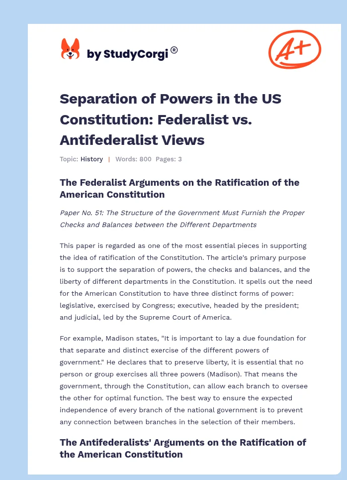 Separation of Powers in the US Constitution: Federalist vs. Antifederalist Views. Page 1