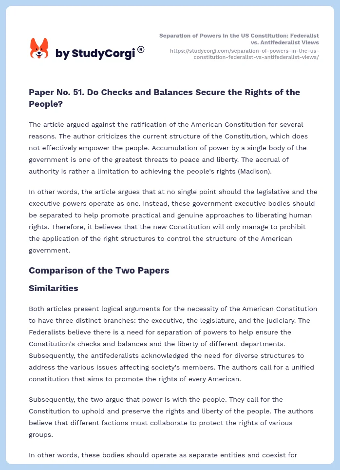 Separation of Powers in the US Constitution: Federalist vs. Antifederalist Views. Page 2