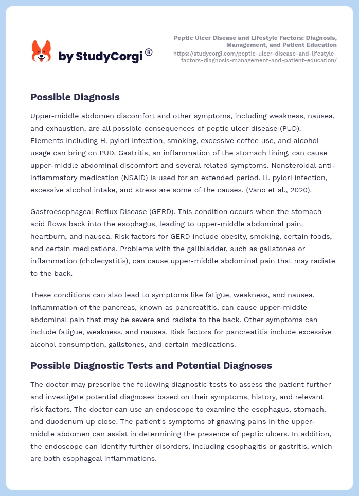 Peptic Ulcer Disease and Lifestyle Factors: Diagnosis, Management, and Patient Education. Page 2
