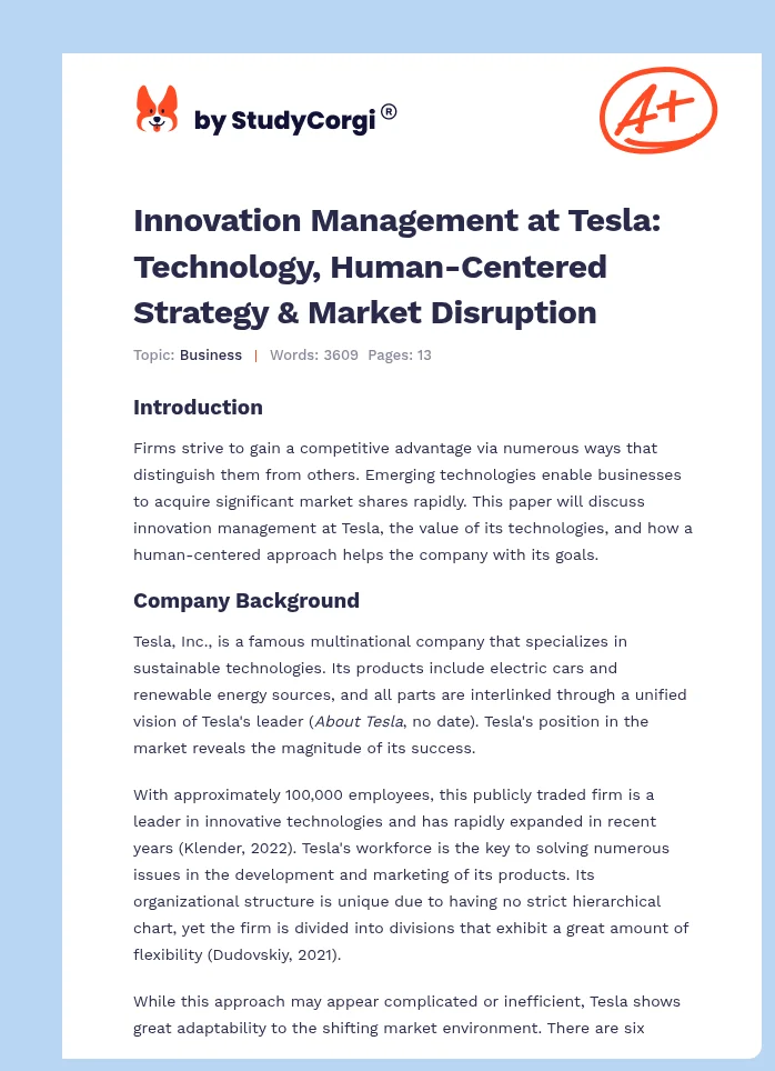 Innovation Management at Tesla: Technology, Human-Centered Strategy & Market Disruption. Page 1