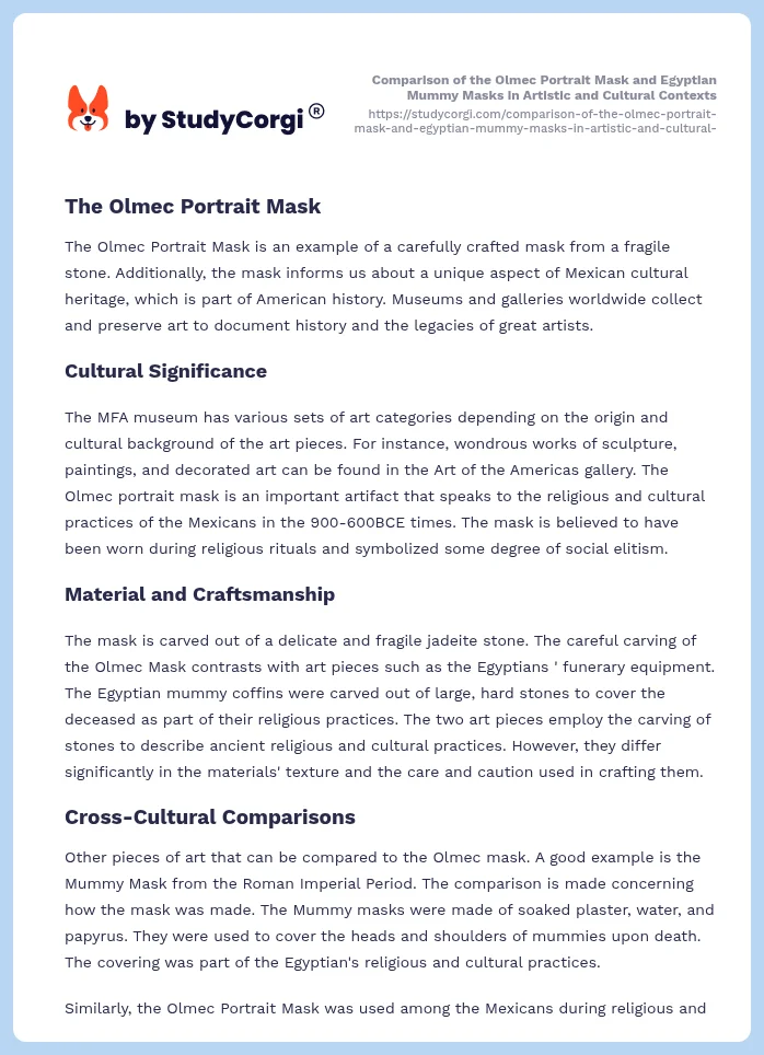 Comparison of the Olmec Portrait Mask and Egyptian Mummy Masks in Artistic and Cultural Contexts. Page 2