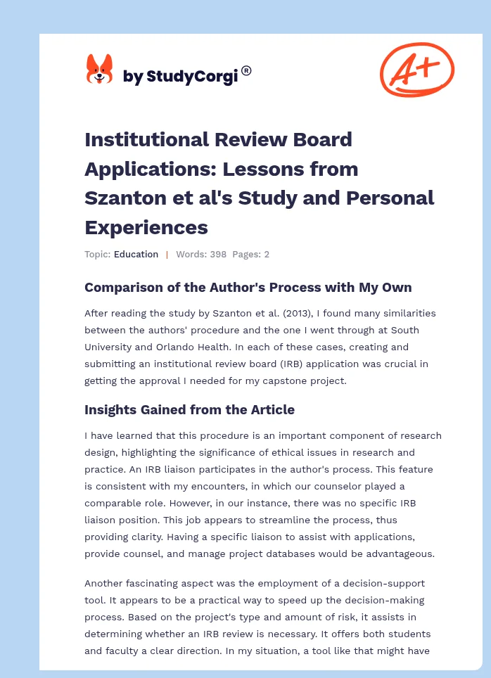 Institutional Review Board Applications: Lessons from Szanton et al's Study and Personal Experiences. Page 1