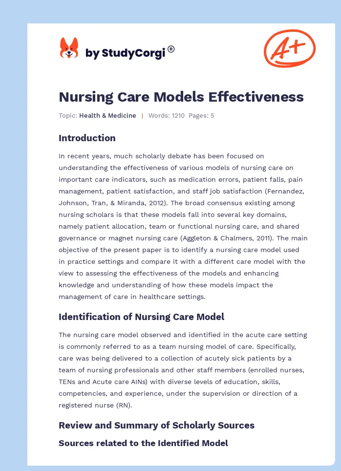 Nursing Care Models Effectiveness. Page 1