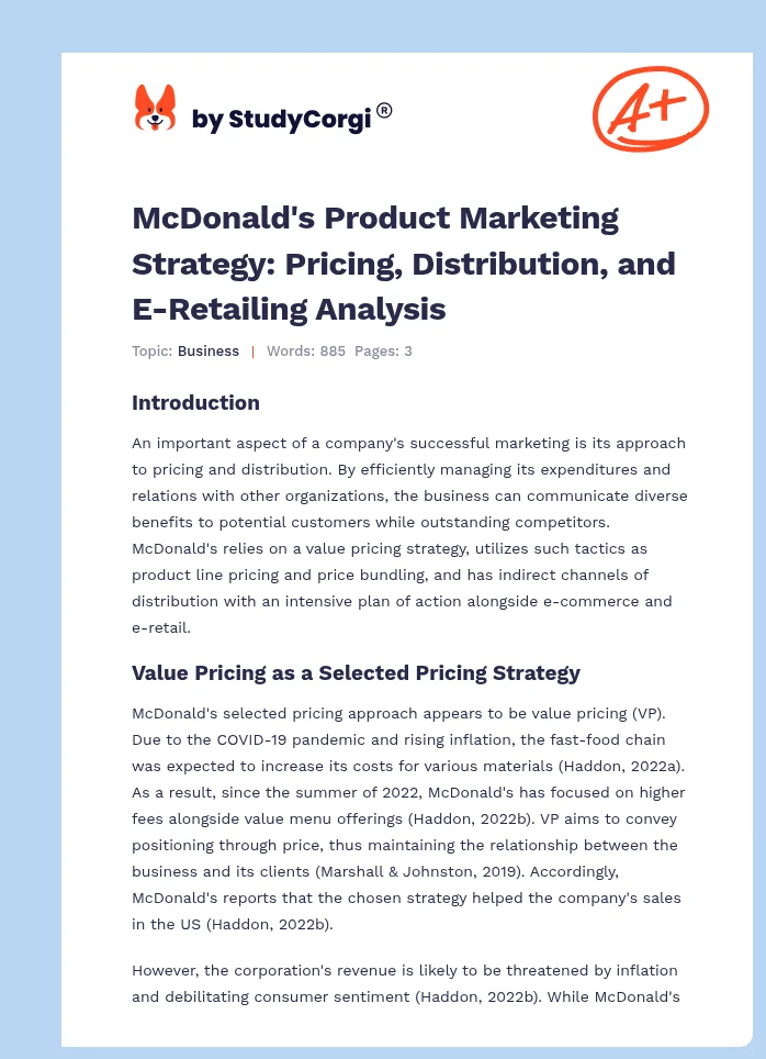 McDonald's Product Marketing Strategy: Pricing, Distribution, and E-Retailing Analysis. Page 1