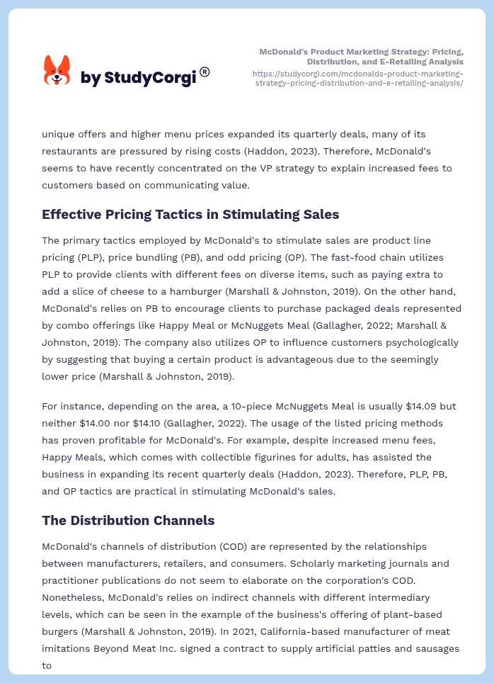 McDonald's Product Marketing Strategy: Pricing, Distribution, and E-Retailing Analysis. Page 2